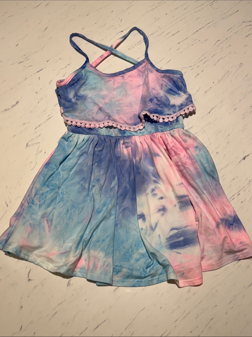 Pixielane Girls Tie-Dye Pastel Sundress with Pom Trim 4T NWOT
